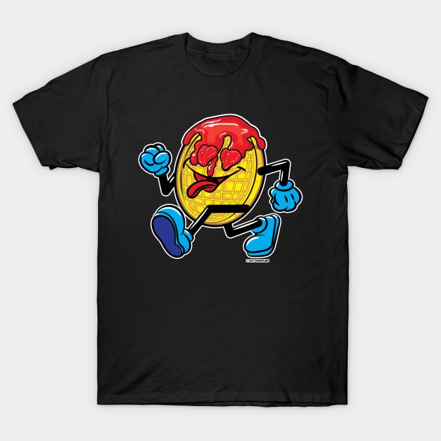 Happy Smiling Waffle Mascot strutting with strawberries and strawberry syrup T-Shirt by eShirtLabs